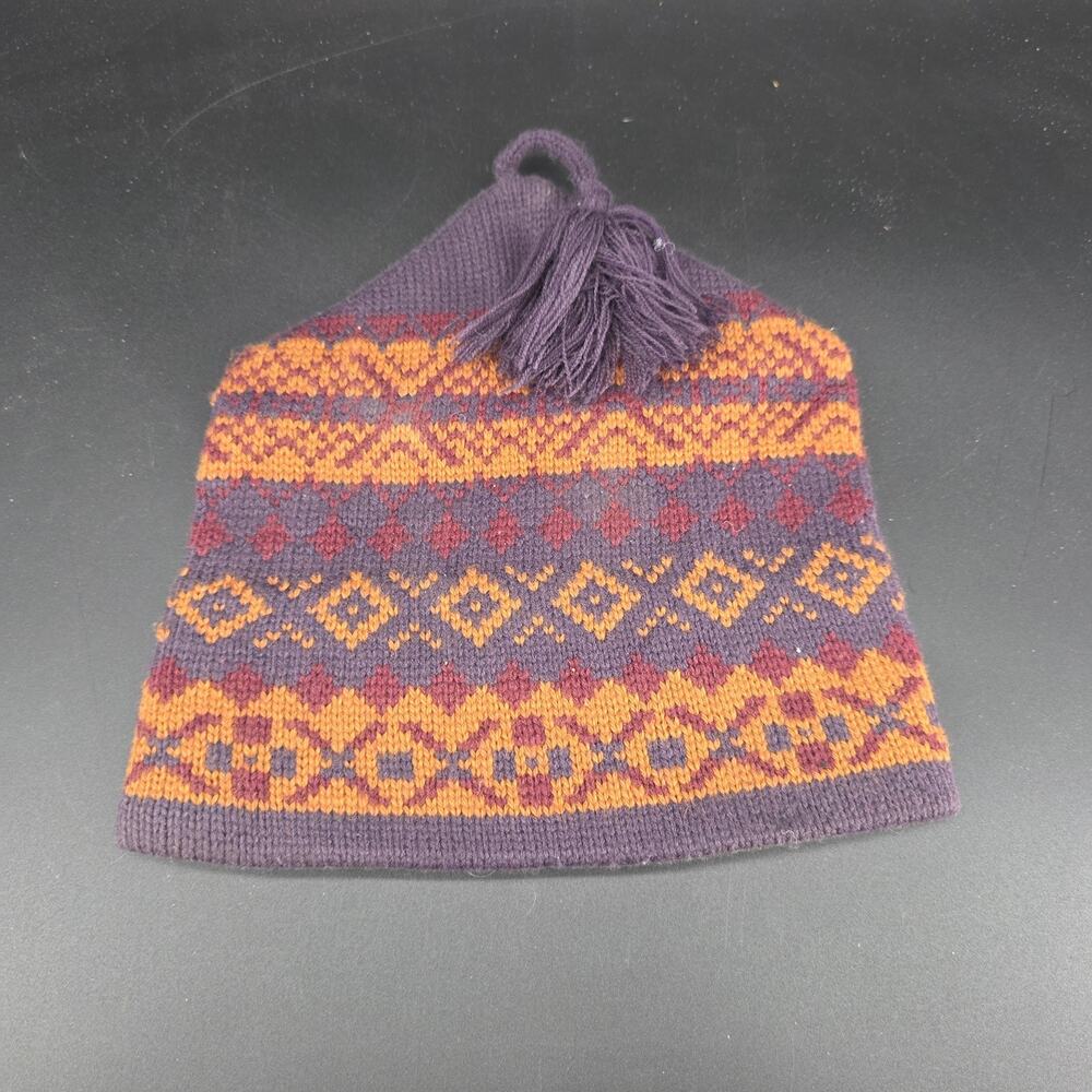 Vintage CAPELLO Men's Knit Hat Beanie Tassel Fair Isle Geometric Purple Orange